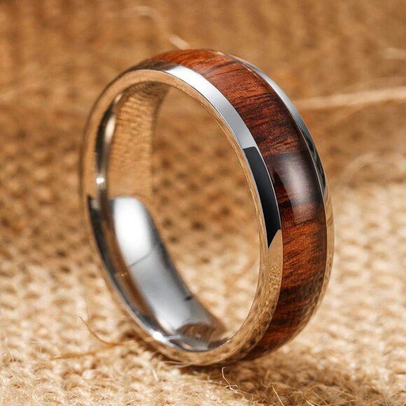 4,6,8mm Basic Black/Sliver Titanium Wood Wedding Band Engagement Ring for Men Wo - Picture 3 of 5